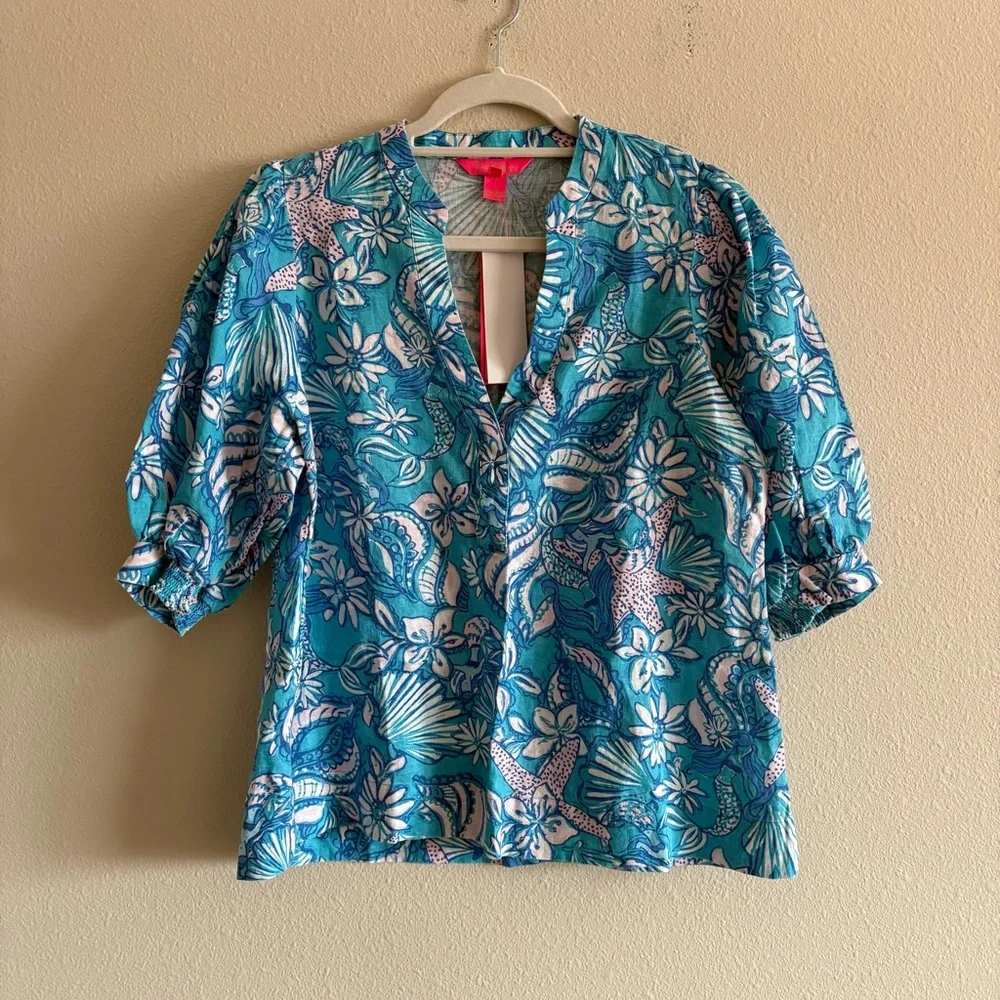 NWT Lilly Pulitzer Mialeigh 100% Linen Top Blouse Women’s 6 Amalfi Blue Sirens